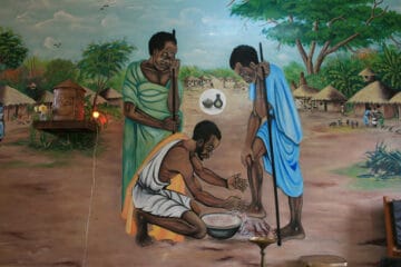 Jesus washes his disciples feet, from a mural near Victoria Falls, Zambia.