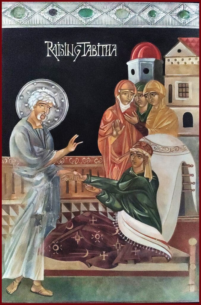 ""Peter fell to his knees and prayed. He said to her, “Tabitha, arise.” Sitting upright, Peter presented her to her friends alive." Acts 9:36-42. Latin root of the word, to rise, means to cultivate, grow into, to elevate, awaken, or incite. Everyone in the city of Joppa loved Tabitha. She was always doing good, helping the poor, and making garments for others. One day Tabitha grew sick and died. Women washed her body, then placed it in an upstairs room. They sent for the apostle Peter, who was nearby in Lydda. Peter uses the power of Christ within. When Jesus ate and drank with a flesh and bone body, he was not bound by the laws of the physical realm. Jesus is the first example of a spirit-man not hindered by any physical existence. We have been promised that when we walk in divine light, we too shall be as he is. Did those who saw them think they were ghosts? Two thousand years ago, people did not understand death in today’s scientific sense. The natural order was accepted as mysterious. Did they think life as they had known it had changed in some profound way?"- Raising Tabitha, Mary Jane Miller