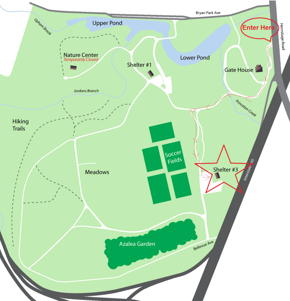 Bryan Park Map, showing route from main entrance to Picnic Shelter #3
